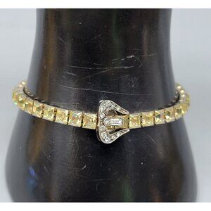 Vintage Desiner Buckle Tennis Bracelet Yellow Clear Rhinestones Silver Tone 7"